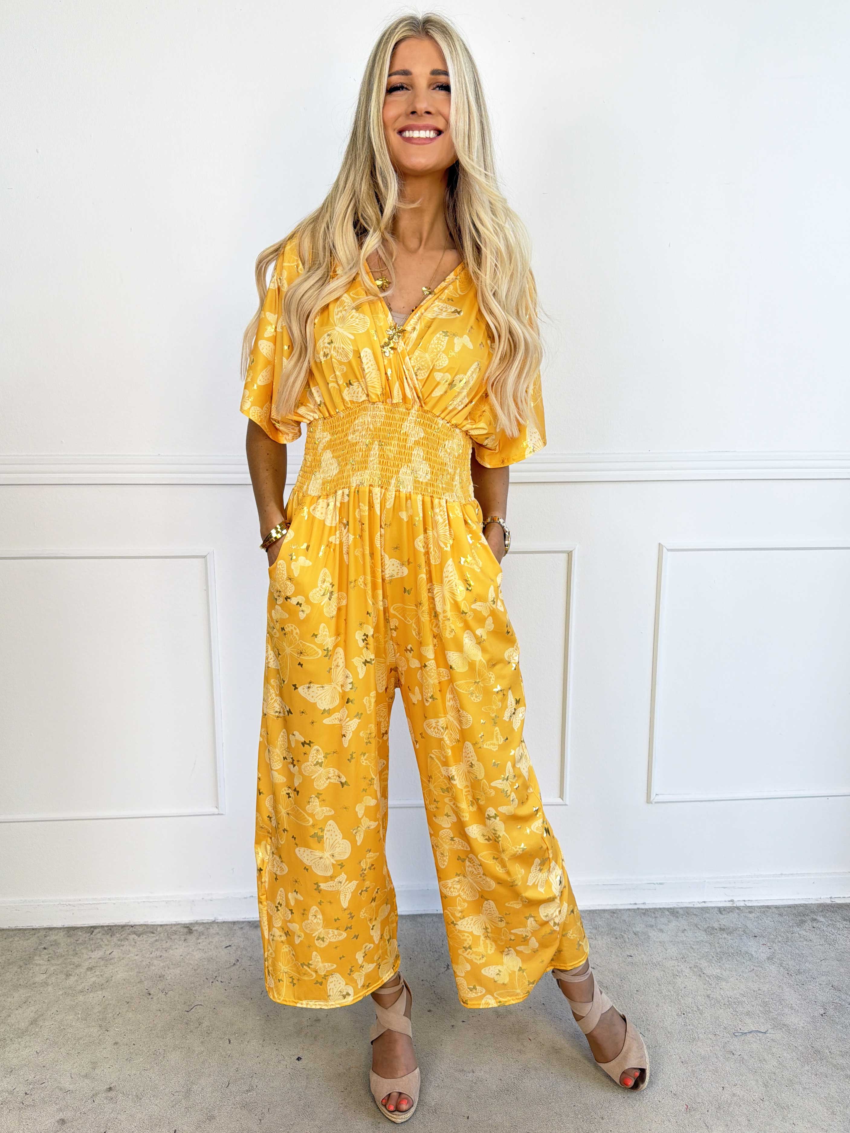 Pams Butterfly - Lang elastisk kjole med smock i livet